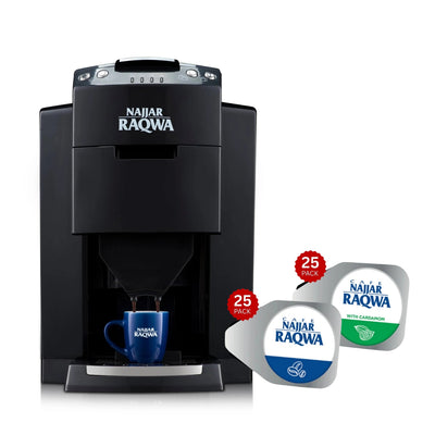 A black Najjar Raqwa coffee machine with a blue cup under it, accompanied by two packs of Najjar Raqwa coffee pods.